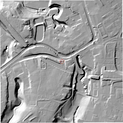 Shaded relief map of the ground around BB54PE, computed from Environment Agency LiDAR. The ground here sits at about 132 m above sea level and falls 37 m across the surrounding 800 m. Surface water reaching this point runs off ground lying to the south-west, 4.7 m higher.