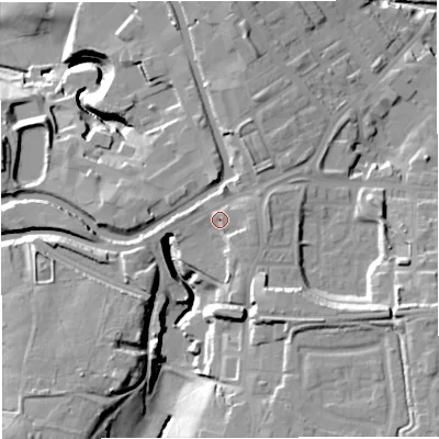 Shaded relief map of the ground around BB54PF, computed from Environment Agency LiDAR. The ground here sits at about 130 m above sea level and falls 34 m across the surrounding 800 m. Surface water reaching this point runs off ground lying to the east-south-east, 4.0 m higher.