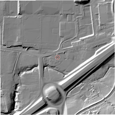 Shaded relief map of the ground around BB55JP, computed from Environment Agency LiDAR. The ground here sits at about 114 m above sea level and falls 46 m across the surrounding 800 m. Surface water reaching this point runs off ground lying to the east, 18.1 m higher.