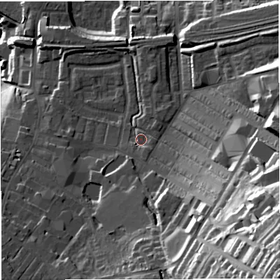 Shaded relief map of the ground around BB55NT, computed from Environment Agency LiDAR. The ground here sits at about 137 m above sea level and falls 68 m across the surrounding 800 m. Surface water reaching this point runs off ground lying to the south-south-east, 2.0 m higher.