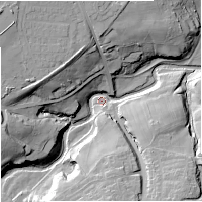 Shaded relief map of the ground around BB55SH, computed from Environment Agency LiDAR. The ground here sits at about 70 m above sea level and falls 39 m across the surrounding 800 m. Surface water reaching this point runs off ground lying to the west-north-west, 34.0 m higher.
