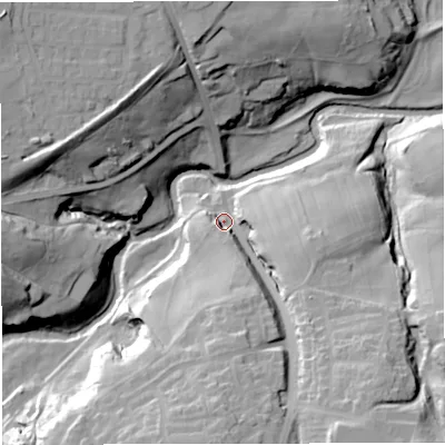 Shaded relief map of the ground around BB55SQ, computed from Environment Agency LiDAR. The ground here sits at about 75 m above sea level and falls 38 m across the surrounding 800 m. Surface water reaching this point runs off ground lying to the south-south-east, 26.9 m higher.