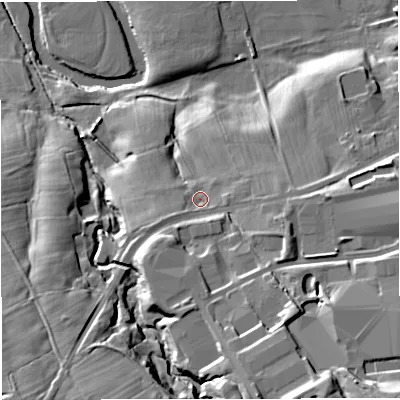 Shaded relief map of the ground around BB55UH, computed from Environment Agency LiDAR. The ground here sits at about 75 m above sea level and falls 32 m across the surrounding 800 m. Surface water reaching this point runs off ground lying to the south-south-east, 15.0 m higher.