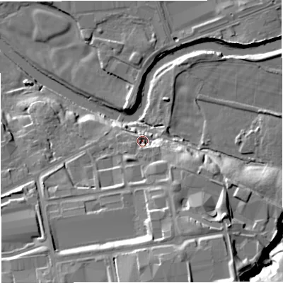Shaded relief map of the ground around BB55UP, computed from Environment Agency LiDAR. The ground here sits at about 74 m above sea level and falls 29 m across the surrounding 800 m. Surface water reaching this point runs off ground lying to the south-south-east, 9.0 m higher.