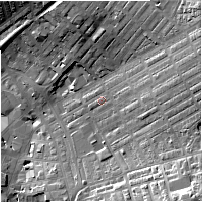 Shaded relief map of the ground around BB56PJ, computed from Environment Agency LiDAR. The ground here sits at about 144 m above sea level and falls 44 m across the surrounding 800 m. Surface water reaching this point runs off ground lying to the east-north-east, 24.5 m higher.
