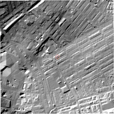 Shaded relief map of the ground around BB56PN, computed from Environment Agency LiDAR. The ground here sits at about 143 m above sea level and falls 42 m across the surrounding 800 m. Surface water reaching this point runs off ground lying to the east-north-east, 23.1 m higher.