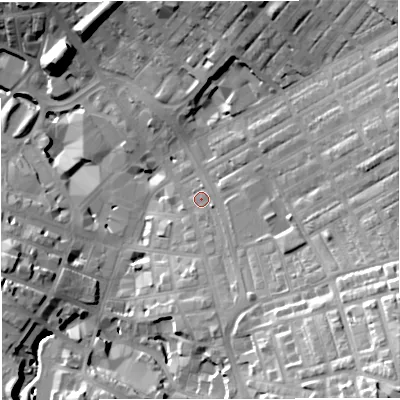 Shaded relief map of the ground around BB56PR, computed from Environment Agency LiDAR. The ground here sits at about 139 m above sea level and falls 39 m across the surrounding 800 m. Surface water reaching this point runs off ground lying to the south-east, 27.7 m higher.