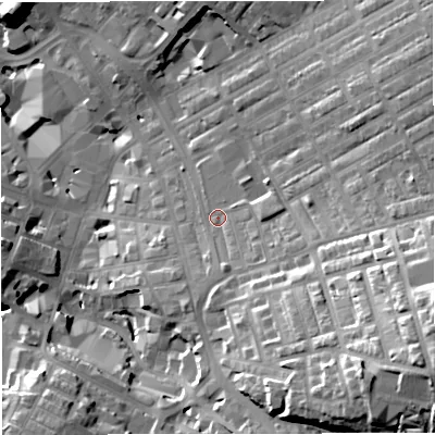 Shaded relief map of the ground around BB56RQ, computed from Environment Agency LiDAR. The ground here sits at about 142 m above sea level and falls 43 m across the surrounding 800 m. Surface water reaching this point runs off ground lying to the east-south-east, 28.2 m higher.