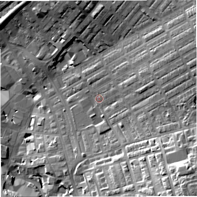 Shaded relief map of the ground around BB56SF, computed from Environment Agency LiDAR. The ground here sits at about 143 m above sea level and falls 41 m across the surrounding 800 m. Surface water reaching this point runs off ground lying to the east-north-east, 24.0 m higher.