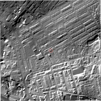 Shaded relief map of the ground around BB56SG, computed from Environment Agency LiDAR. The ground here sits at about 147 m above sea level and falls 45 m across the surrounding 800 m. Surface water reaching this point runs off ground lying to the east-south-east, 12.0 m higher.