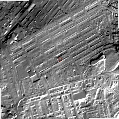 Shaded relief map of the ground around BB56SJ, computed from Environment Agency LiDAR. The ground here sits at about 151 m above sea level and falls 54 m across the surrounding 800 m. Surface water reaching this point runs off ground lying to the north-east, 35.0 m higher.