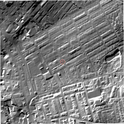 Shaded relief map of the ground around BB56SN, computed from Environment Agency LiDAR. The ground here sits at about 147 m above sea level and falls 48 m across the surrounding 800 m. Surface water reaching this point runs off ground lying to the east-north-east, 26.4 m higher.