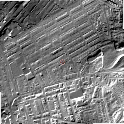 Shaded relief map of the ground around BB56SQ, computed from Environment Agency LiDAR. The ground here sits at about 153 m above sea level and falls 55 m across the surrounding 800 m. Surface water reaching this point runs off ground lying to the north-east, 36.5 m higher.