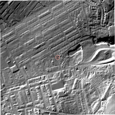 Shaded relief map of the ground around BB56TA, computed from Environment Agency LiDAR. The ground here sits at about 157 m above sea level and falls 63 m across the surrounding 800 m. Surface water reaching this point runs off ground lying to the north-east, 37.4 m higher.