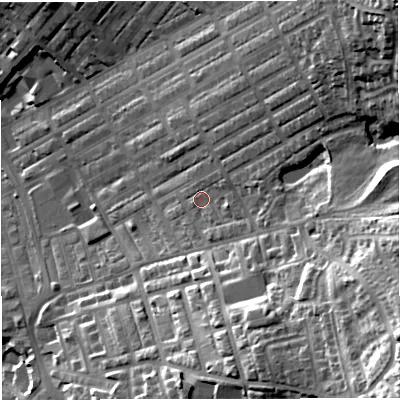 Shaded relief map of the ground around BB56TB, computed from Environment Agency LiDAR. The ground here sits at about 153 m above sea level and falls 53 m across the surrounding 800 m. Surface water reaching this point runs off ground lying to the north-east, 31.1 m higher.