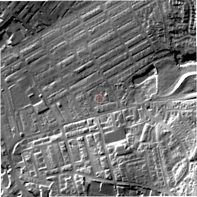 Shaded relief map of the ground around BB56TE, computed from Environment Agency LiDAR. The ground here sits at about 154 m above sea level and falls 55 m across the surrounding 800 m. Surface water reaching this point runs off ground lying to the north-east, 34.3 m higher.
