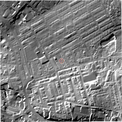Shaded relief map of the ground around BB56TQ, computed from Environment Agency LiDAR. The ground here sits at about 148 m above sea level and falls 46 m across the surrounding 800 m. Surface water reaching this point runs off ground lying to the east-south-east, 4.6 m higher.