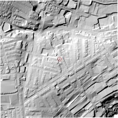 Shaded relief map of the ground around BB67AA, computed from Environment Agency LiDAR. The ground here sits at about 122 m above sea level and falls 59 m across the surrounding 800 m. Surface water reaching this point runs off ground lying to the south-south-west, 2.6 m higher.