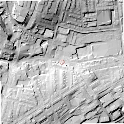 Shaded relief map of the ground around BB67AL, computed from Environment Agency LiDAR. The ground here sits at about 109 m above sea level and falls 47 m across the surrounding 800 m. Surface water reaching this point runs off ground lying to the north-north-west, 30.0 m higher.