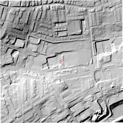 Shaded relief map of the ground around BB67AT, computed from Environment Agency LiDAR. The ground here sits at about 106 m above sea level and falls 53 m across the surrounding 800 m. Surface water reaching this point runs off ground lying to the north-west, 36.4 m higher.