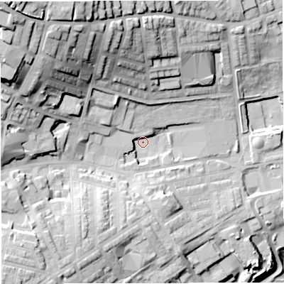 Shaded relief map of the ground around BB67AX, computed from Environment Agency LiDAR. The ground here sits at about 106 m above sea level and falls 52 m across the surrounding 800 m. Surface water reaching this point runs off ground lying to the north-west, 39.6 m higher.
