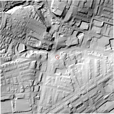 Shaded relief map of the ground around BB67DD, computed from Environment Agency LiDAR. The ground here sits at about 119 m above sea level and falls 45 m across the surrounding 800 m. Surface water reaching this point runs off ground lying to the north-west, 29.4 m higher.