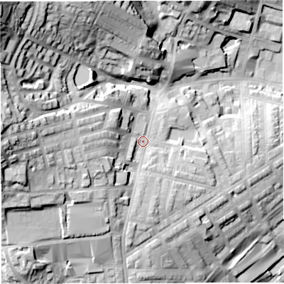 Shaded relief map of the ground around BB67DE, computed from Environment Agency LiDAR. The ground here sits at about 123 m above sea level and falls 53 m across the surrounding 800 m. Surface water reaching this point runs off ground lying to the west, 27.0 m higher.