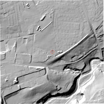 Shaded relief map of the ground around BB67FW, computed from Environment Agency LiDAR. The ground here sits at about 98 m above sea level and falls 44 m across the surrounding 800 m. Surface water reaching this point runs off ground lying to the north-west, 13.2 m higher.