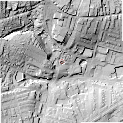 Shaded relief map of the ground around BB67GY, computed from Environment Agency LiDAR. The ground here sits at about 120 m above sea level and falls 54 m across the surrounding 800 m. Surface water reaching this point runs off ground lying to the north-west, 42.2 m higher.