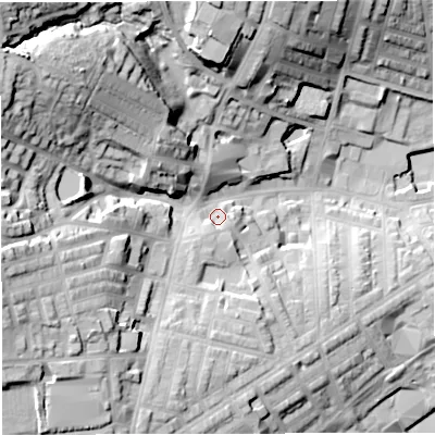 Shaded relief map of the ground around BB67HG, computed from Environment Agency LiDAR. The ground here sits at about 119 m above sea level and falls 45 m across the surrounding 800 m. Surface water reaching this point runs off ground lying to the south-west, 4.0 m higher.
