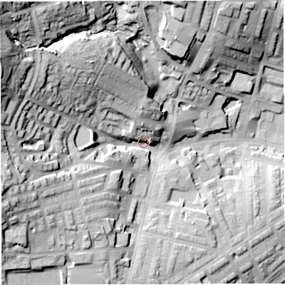 Shaded relief map of the ground around BB67HH, computed from Environment Agency LiDAR. The ground here sits at about 120 m above sea level and falls 54 m across the surrounding 800 m. Surface water reaching this point runs off ground lying to the west-north-west, 39.5 m higher.
