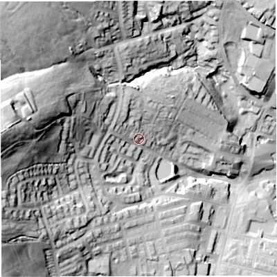 Shaded relief map of the ground around BB67HL, computed from Environment Agency LiDAR. The ground here sits at about 138 m above sea level and falls 75 m across the surrounding 800 m. Surface water reaching this point runs off ground lying to the west, 53.3 m higher.