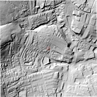 Shaded relief map of the ground around BB67NB, computed from Environment Agency LiDAR. The ground here sits at about 134 m above sea level and falls 70 m across the surrounding 800 m. Surface water reaching this point runs off ground lying to the north-north-west, 14.0 m higher.