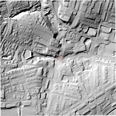 Shaded relief map of the ground around BB67NE, computed from Environment Agency LiDAR. The ground here sits at about 120 m above sea level and falls 50 m across the surrounding 800 m. Surface water reaching this point runs off ground lying to the west-north-west, 33.0 m higher.