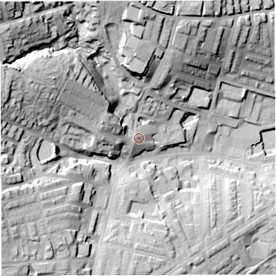 Shaded relief map of the ground around BB67NF, computed from Environment Agency LiDAR. The ground here sits at about 121 m above sea level and falls 50 m across the surrounding 800 m. Surface water reaching this point runs off ground lying to the west, 8.1 m higher.