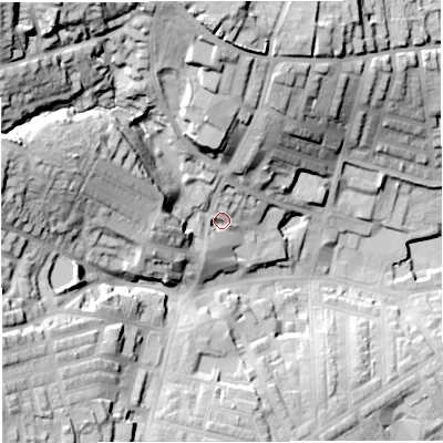 Shaded relief map of the ground around BB67NN, computed from Environment Agency LiDAR. The ground here sits at about 119 m above sea level and falls 52 m across the surrounding 800 m. Surface water reaching this point runs off ground lying to the north-west, 40.6 m higher.