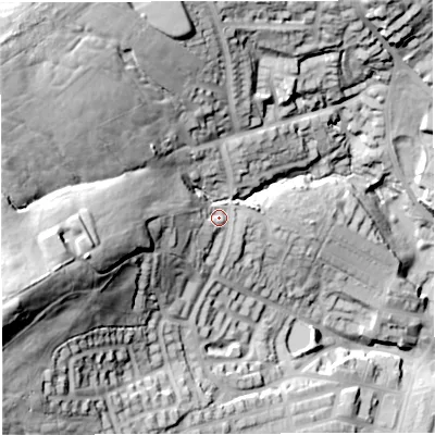 Shaded relief map of the ground around BB67QD, computed from Environment Agency LiDAR. The ground here sits at about 148 m above sea level and falls 79 m across the surrounding 800 m. Surface water reaching this point runs off ground lying to the west, 34.5 m higher.