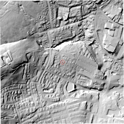 Shaded relief map of the ground around BB67QF, computed from Environment Agency LiDAR. The ground here sits at about 141 m above sea level and falls 74 m across the surrounding 800 m. Surface water reaching this point runs off ground lying to the north-west, 7.2 m higher.