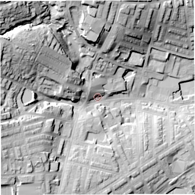 Shaded relief map of the ground around BB67QL, computed from Environment Agency LiDAR. The ground here sits at about 117 m above sea level and falls 46 m across the surrounding 800 m. Surface water reaching this point runs off ground lying to the west-north-west, 31.1 m higher.