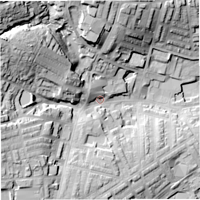 Shaded relief map of the ground around BB67QN, computed from Environment Agency LiDAR. The ground here sits at about 116 m above sea level and falls 46 m across the surrounding 800 m. Surface water reaching this point runs off ground lying to the west-north-west, 31.7 m higher.