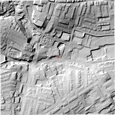 Shaded relief map of the ground around BB67QP, computed from Environment Agency LiDAR. The ground here sits at about 112 m above sea level and falls 41 m across the surrounding 800 m. Surface water reaching this point runs off ground lying to the west-north-west, 32.9 m higher.