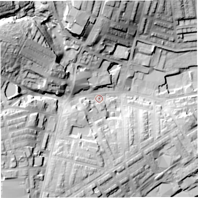 Shaded relief map of the ground around BB67QQ, computed from Environment Agency LiDAR. The ground here sits at about 114 m above sea level and falls 43 m across the surrounding 800 m. Surface water reaching this point runs off ground lying to the north-west, 31.6 m higher.