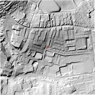 Shaded relief map of the ground around BB67QR, computed from Environment Agency LiDAR. The ground here sits at about 118 m above sea level and falls 61 m across the surrounding 800 m. Surface water reaching this point runs off ground lying to the north-north-west, 22.6 m higher.