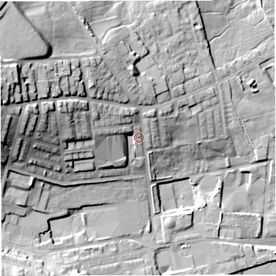 Shaded relief map of the ground around BB67RW, computed from Environment Agency LiDAR. The ground here sits at about 110 m above sea level and falls 40 m across the surrounding 800 m. Surface water reaching this point runs off ground lying to the west-north-west, 28.7 m higher.