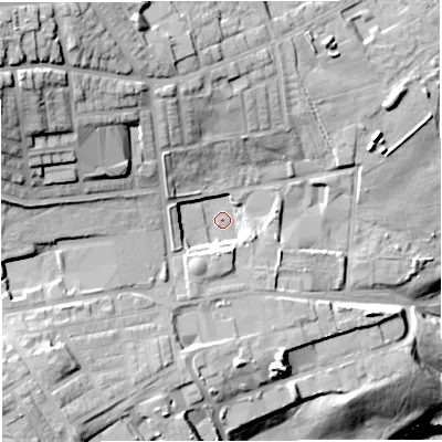 Shaded relief map of the ground around BB67SB, computed from Environment Agency LiDAR. The ground here sits at about 100 m above sea level and falls 57 m across the surrounding 800 m. Surface water reaching this point runs off ground lying to the west-north-west, 27.7 m higher.