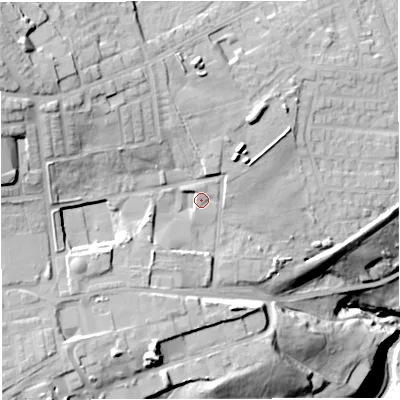 Shaded relief map of the ground around BB67SZ, computed from Environment Agency LiDAR. The ground here sits at about 100 m above sea level and falls 49 m across the surrounding 800 m. Surface water reaching this point runs off ground lying to the north-west, 19.1 m higher.