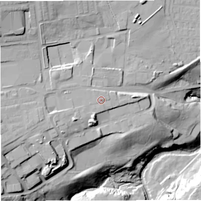 Shaded relief map of the ground around BB67UA, computed from Environment Agency LiDAR. The ground here sits at about 103 m above sea level and falls 48 m across the surrounding 800 m. Surface water reaching this point runs off ground lying to the south-south-west, 5.0 m higher.