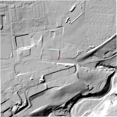 Shaded relief map of the ground around BB67UD, computed from Environment Agency LiDAR. The ground here sits at about 100 m above sea level and falls 47 m across the surrounding 800 m. Surface water reaching this point runs off ground lying to the west-south-west, 8.3 m higher.