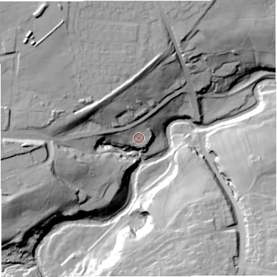 Shaded relief map of the ground around BB67UE, computed from Environment Agency LiDAR. The ground here sits at about 80 m above sea level and falls 40 m across the surrounding 800 m. Surface water reaching this point runs off ground lying to the north-west, 5.2 m higher.