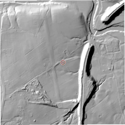 Shaded relief map of the ground around BB67UJ, computed from Environment Agency LiDAR. The ground here sits at about 75 m above sea level and falls 37 m across the surrounding 800 m. Surface water reaching this point runs off ground lying to the west-south-west, 19.2 m higher.